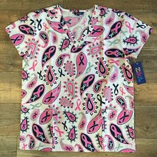 NEW Zikit SMALL Scrub Top- Paisley Blue Pink Breast Cancer Awareness- New w/ Tag
