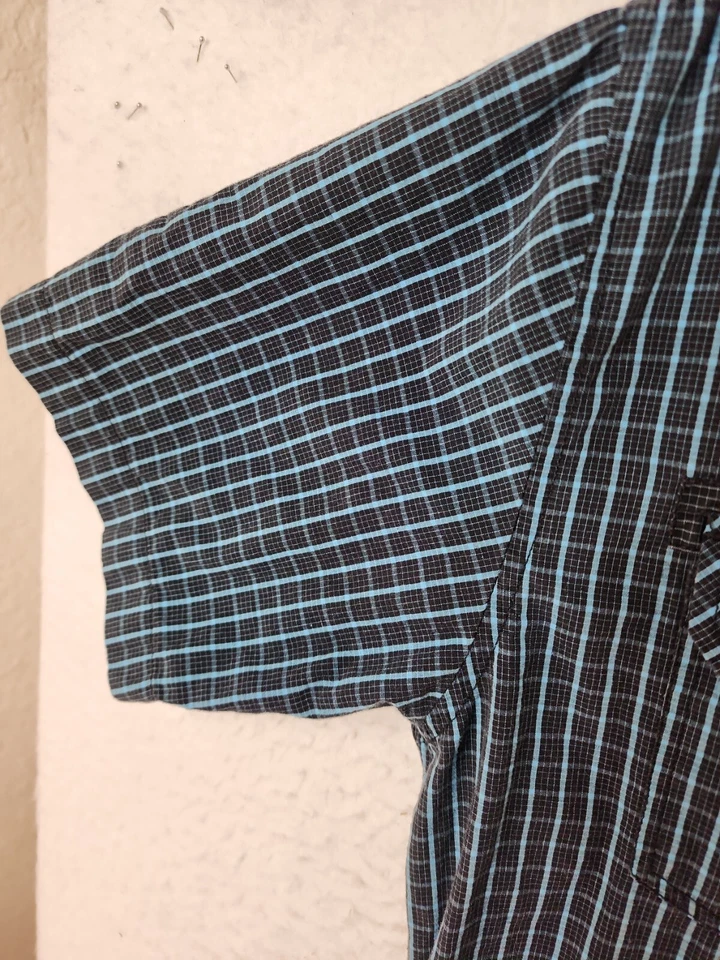 Indigo Star 蓝色格子短袖纽扣前衬衫男式 L — 第 4/4 张图片