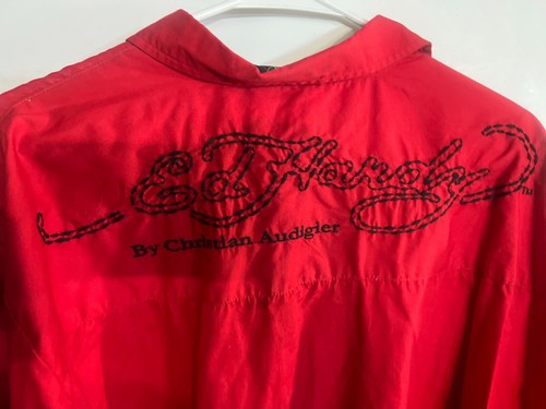 E D HARDY, men's red long sleeve shirt with graphics size 3xL