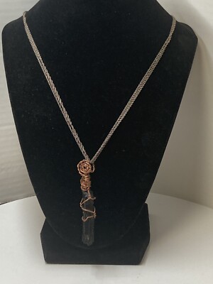 Raw Black Tourmaline Rough Copper Wire Wrapped Pendant GUC W 925 Silver Necklace