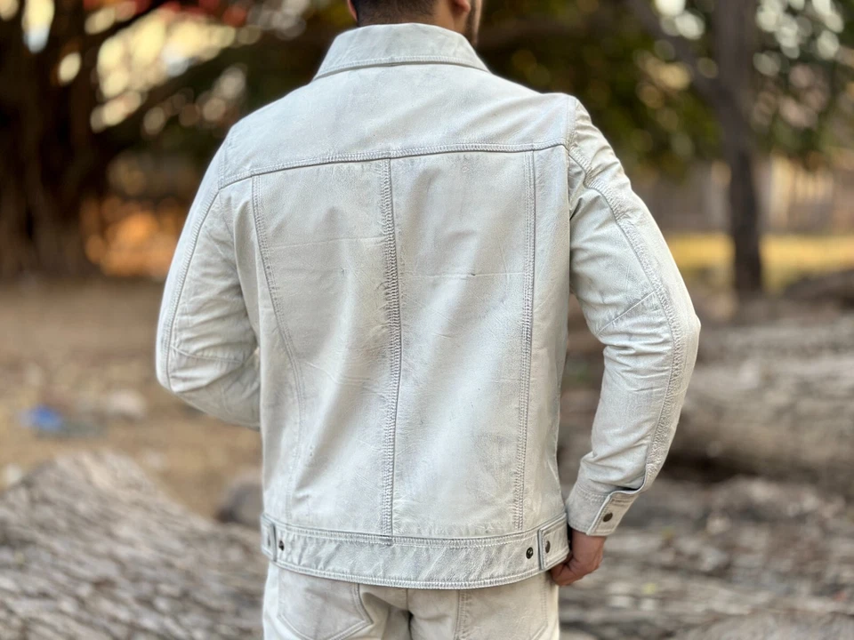 Mens White Distressed Leather Trucker Jacket, Leather Jacket - Image 4 of 4