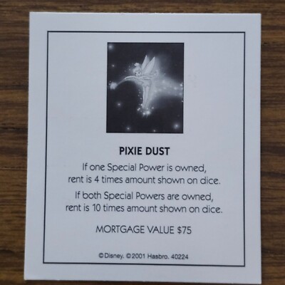 Pixie Dust Monopoly Disney Edition 2001 Replacement Property Deed Card