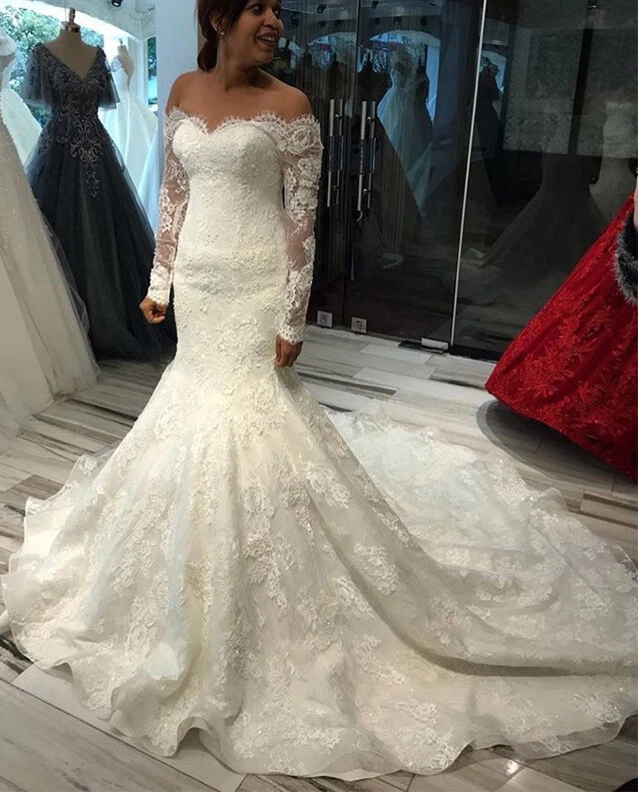 Mermaid Wedding Dresses Off The Shoulder Long Sleeve Lace Long Train Bridal Gown - Image 3 of 4