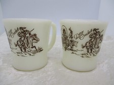 Pair of Vintage Fire King White Milk-Glass Davy Crockett Mugs/Cups