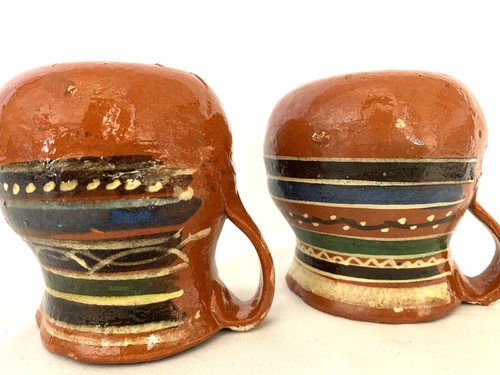 Mexican Terracotta Pitcher Lot of 2 Hand Painted Handle Blue Stripe VTG 3.5" H - Picture 8 of 10
