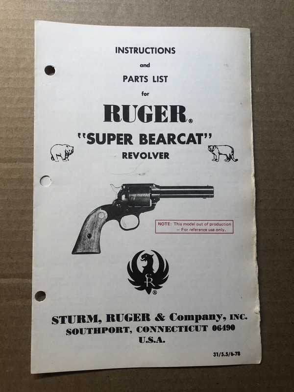 Ruger Super Bearcat Revolver Original 1978 Instructions and Parts List
