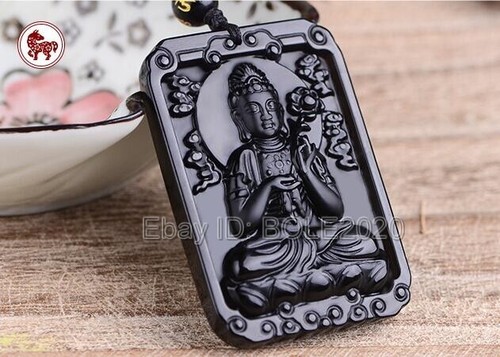 Natural Black Obsidian Chinese Amulet Buddha GuanYin Lucky Pendant Necklace Gift - Picture 10 of 20