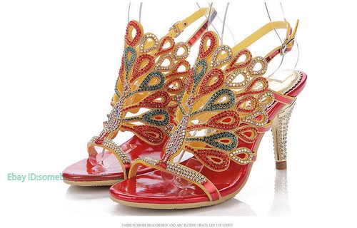 Women's Sparkling Peacock Rhinestone Crystal High Heels Sandals Evening Shoes - Picture 4 of 34