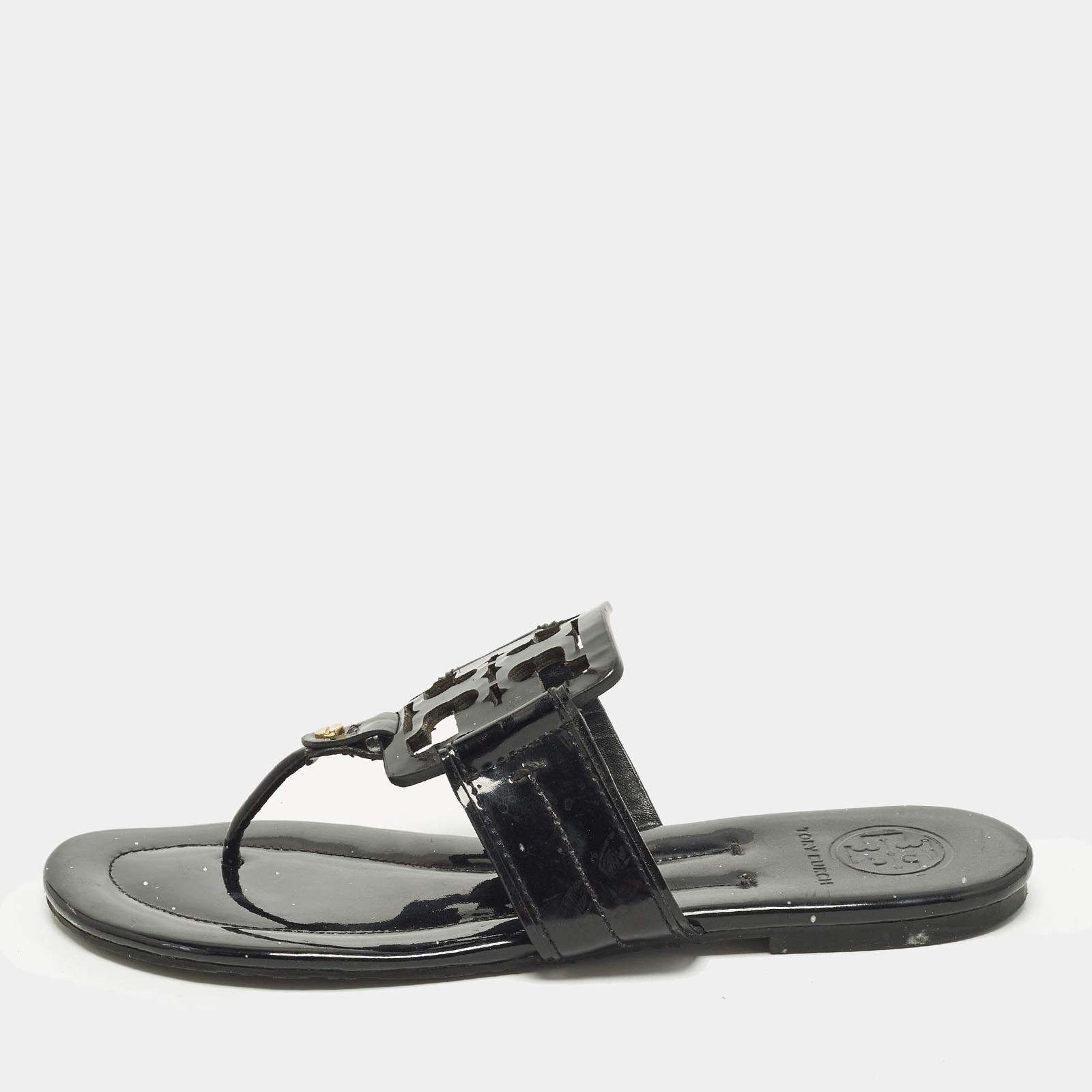 Tory Burch Miller Size 38.5 Black Patent Leather Thong Flats