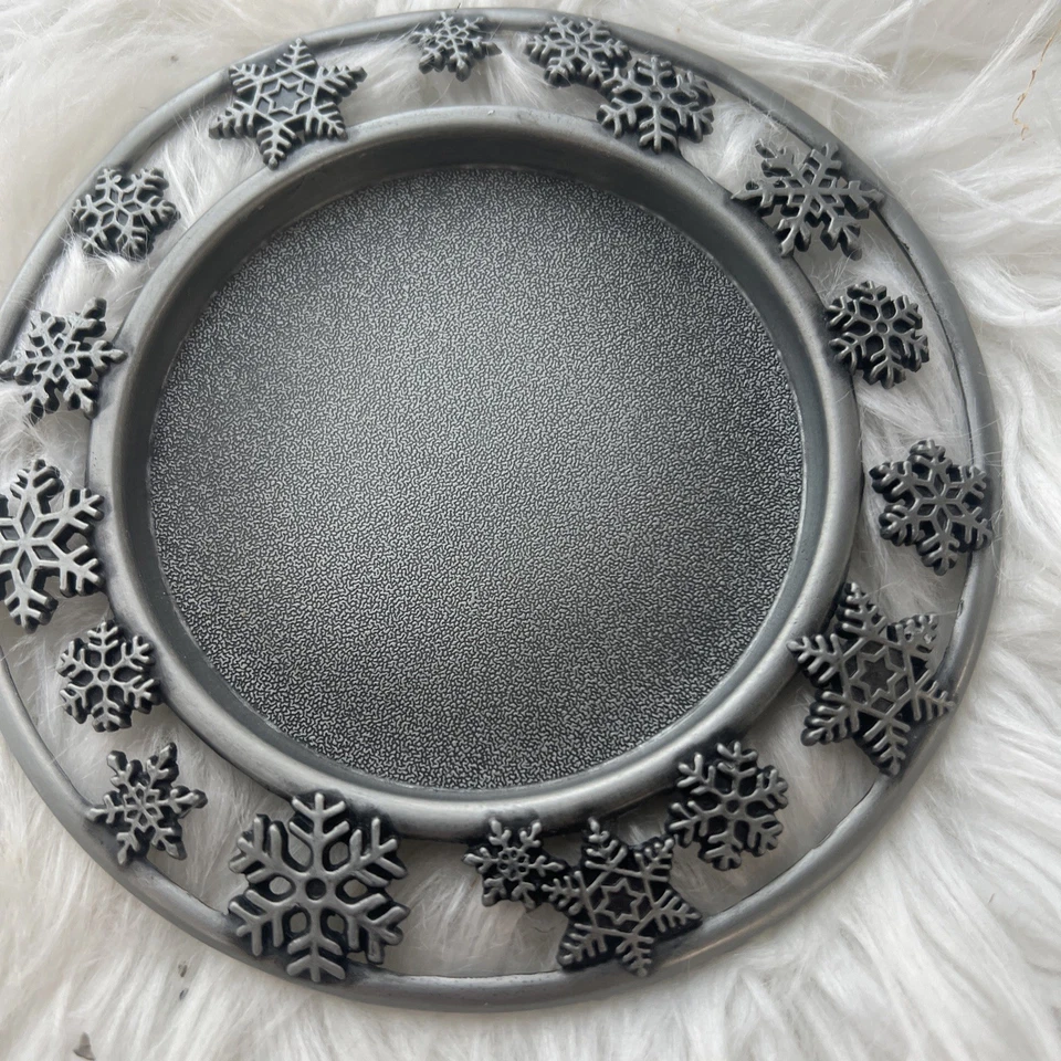 Silver Tone& Dark Gray Metal Candle Holder Tray Plate Set Of 2 Snowflakes 5 1/2 - Image 2 of 4