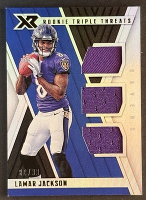 Lamar Jackson 2018 Panini XR #TTM-12 Rookie Triple Player Worn Patch /99 Ravens
