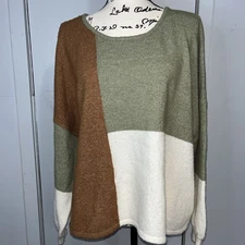 By The River  Oversized Sweater Colorblock Green Brown Cream Women S/M