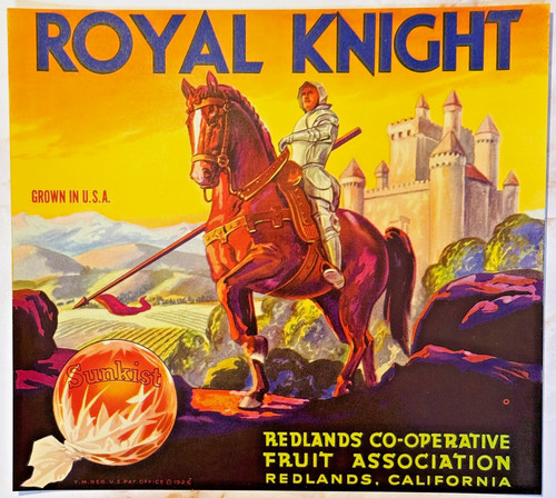 Vintage 1940s Royal Knight Crate Label, Redlands, CA, Stunning Medieval Decor!
