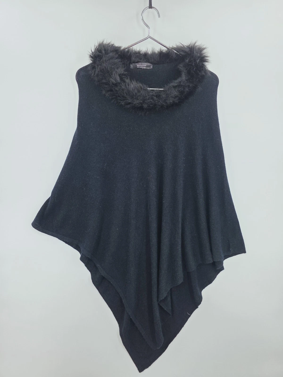 Himalayan 100% Pashmina Wool Poncho With Faux Fur Coller One Size Black