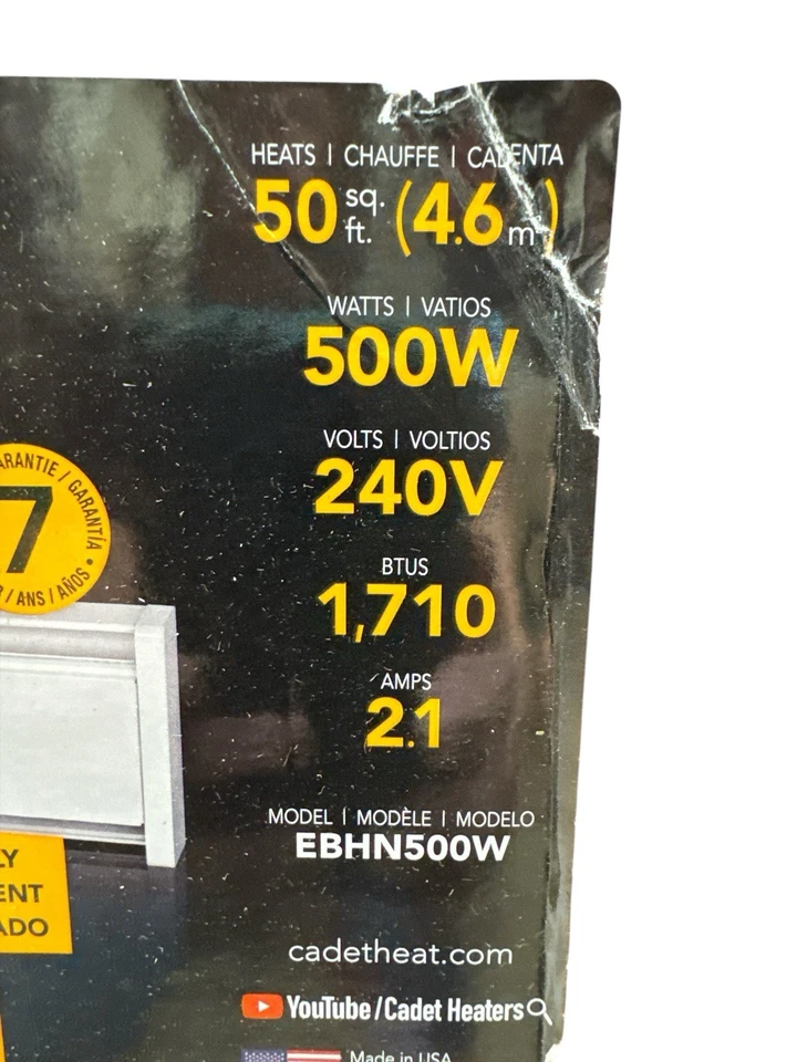 Cadet Softheat Hydronic Electric Baseboard Heater 240V 500W White EBHN500W NEW - Image 3 of 4