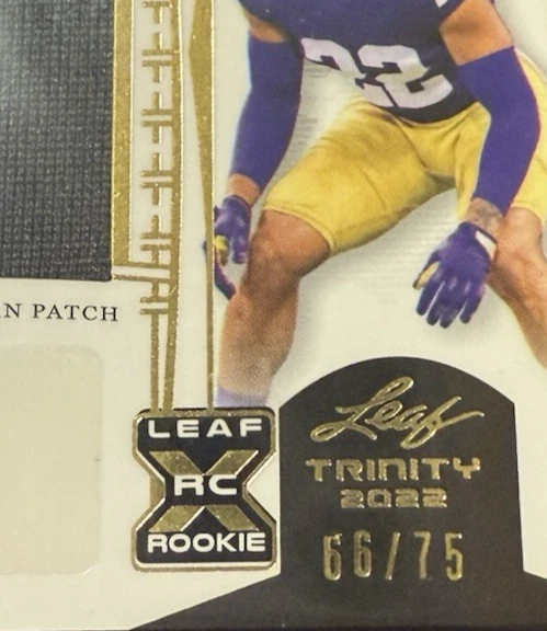 2022 Leaf Trinity Football Player Worn Patch Gold Foil Auto 66/75 Trent McDuffie - Image 2 of 3