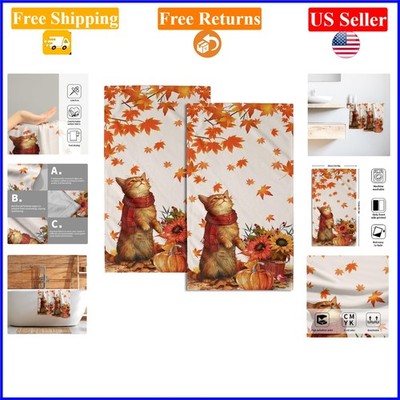 Set of 2 Maple Leaf & Cat Fall Hand Towels, 28x14.5in, Microfiber