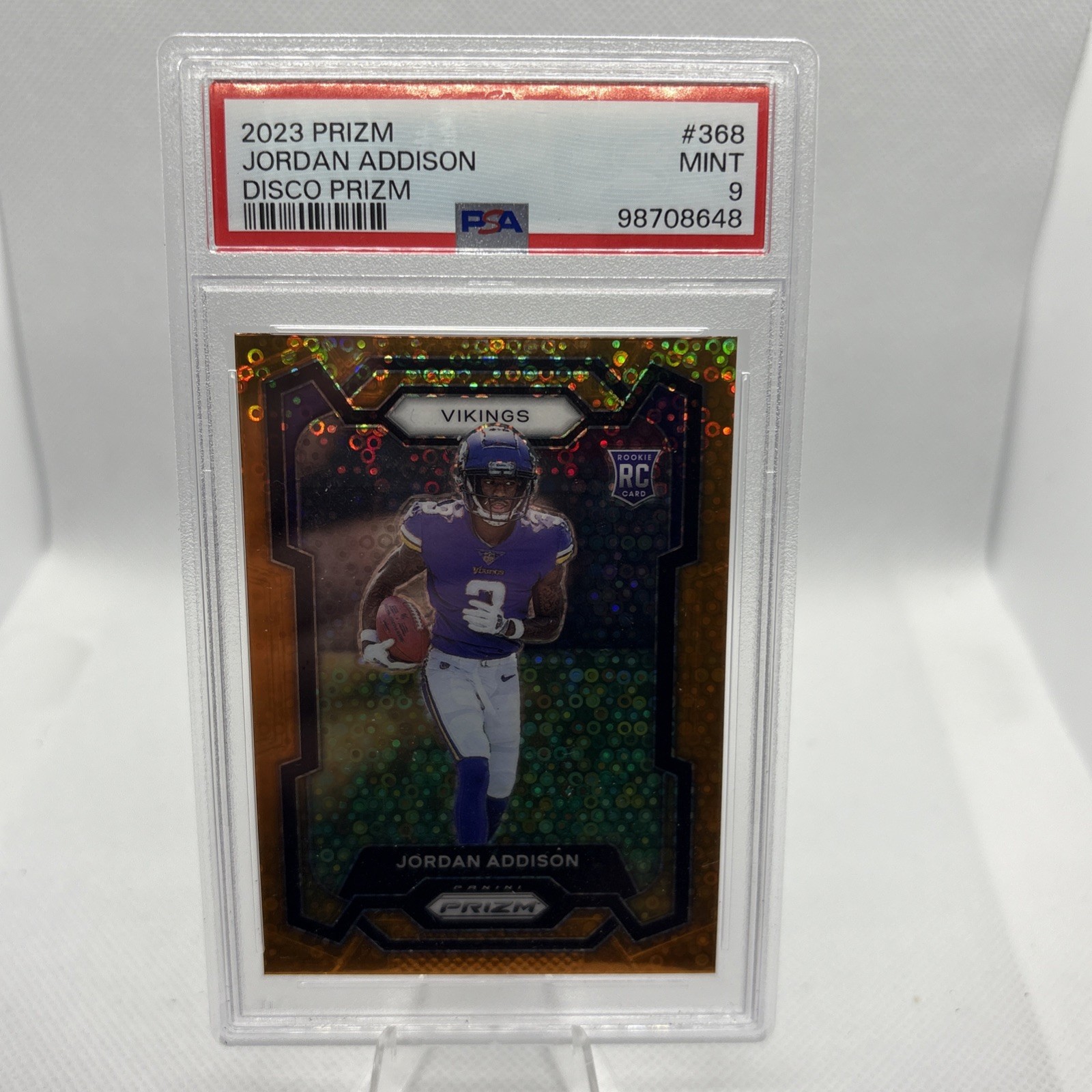 2023 Panini Prizm JORDAN ADDISON RC ORANGE DISCO Prizm #368 Rookie PSA 9