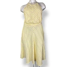 NY&CO Butter Yellow White Striped Chevron Linen Midi Maxi Halter Sun Dress XL