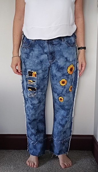 Upcyced Women’s Boyfriend Jeans Size 16 Sunflowers Distressed Bleached OOAK