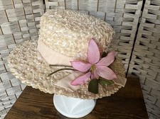 Vintage Pink Straw Broad Brim Hat Velvet Ribbon Flower Added No Label