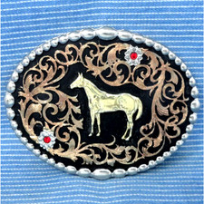 Western Horse Belt Buckle Larger Filigree Scroll Gems Cowboy Cowgirl Vtg .B363