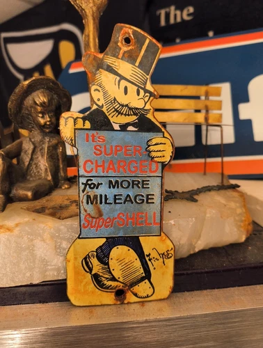 VINTAGE SUPER SHELL GASOLINE 6" PORCELAIN METAL DIECUT SERVICE STATION SIGN