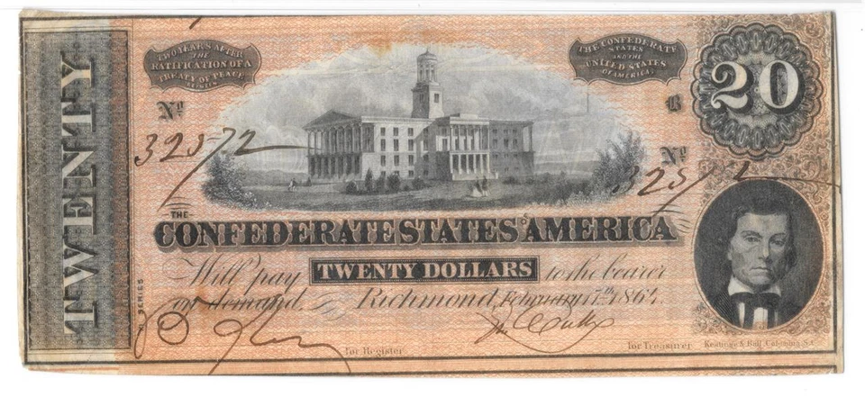 T-67 1864 $20 Confederate CSA Note Orange Shade Graded "Great Color" by PMG AU50 - Image 2 of 4