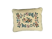Vtg Wool Needlepoint Floral Throw Pillow Velvet  granny French country cottage