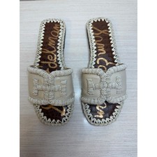 Sam Edelman Fitz Double-E logo Espadrille Slides Ivory Beaded Resort Beach 7.5