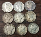 .90 cents face 9 Mercury Dimes Mixed Dates 90% Silver Better Dates w/BU coins