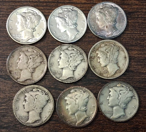 .90 cents face 9 Mercury Dimes Mixed Dates 90% Silver Better Dates w/BU coins