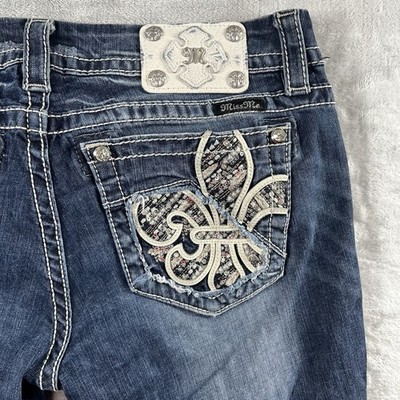 Miss Me Jeans Womens 29 Signature Bootcut Embellished Fleur de Lis Dark Wash