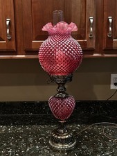 Vintage Fenton Cranberry Hobnail Hurricane Lamp. Parlor, Gone With The Wind.