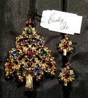 Vintage Eisenberg Ice Christmas Tree Brooch/Clip Earring Swarovski Gold (L408)