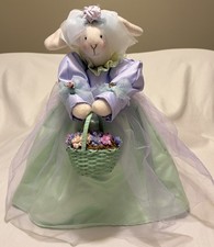 Artisan Flair Bunny Doll Spring Decor Green/Purple Lace 14  VINTAGE 1990s EUC