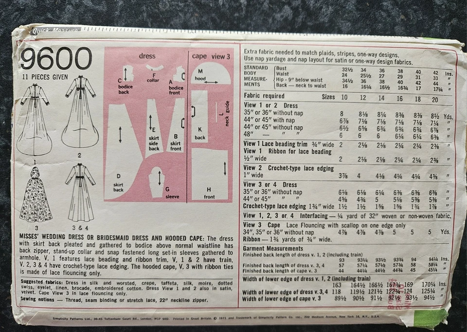 1970's Vintage Sewing Pattern. Bridal Gown/ Wedding Dress & Hooded Cape. Size 10 - Image 2 of 2