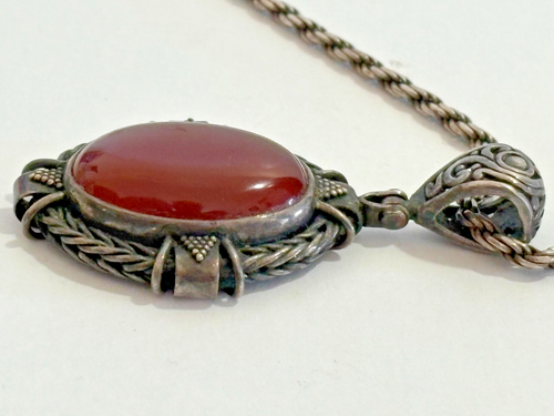 Sterling Silver 925 Carnelian Cabochon Oval Stone Pendant 22" 33g Necklace AF - Picture 6 of 7