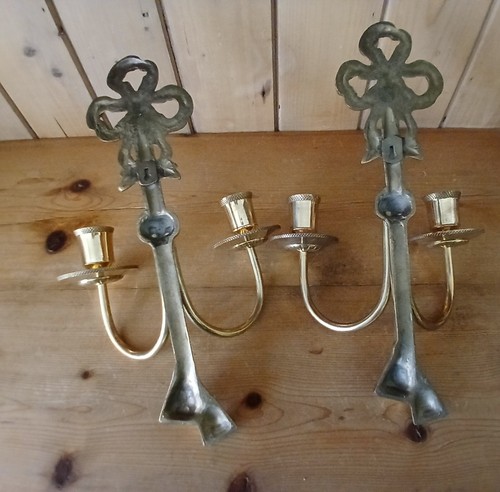 VTG Pair Of Brass Candle Sconces Tassels Bow Double Arms Hollywood Regency - Picture 4 of 6