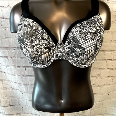 Cacique Größe 40DDD Weiß Schwarz Blumenmuster Gefüttert Bügel Voll Abdeckung Bh