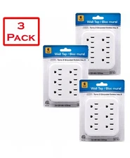 3 Pack White 6 Outlet Wall Outlet Adapters Multi Plug Power Splitters Electrical