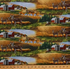 Cotton Deer Farm Barns Fields Country Nature Scenic Fabric Print by Yard D501.39