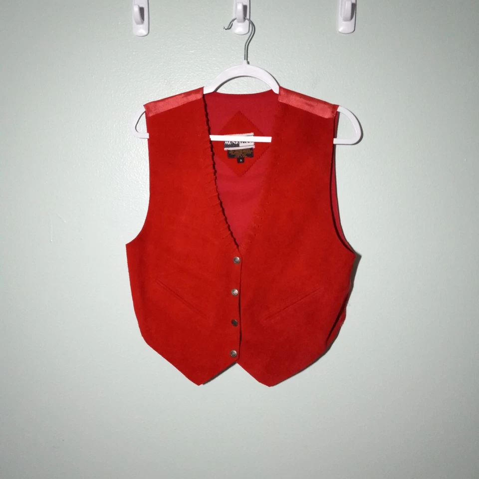 Chaleco de Cuero Gamuza Talla Pequeña Vintage, Naranja Años 80 Western Moto Botones de Metal Usado en Excelente Condición