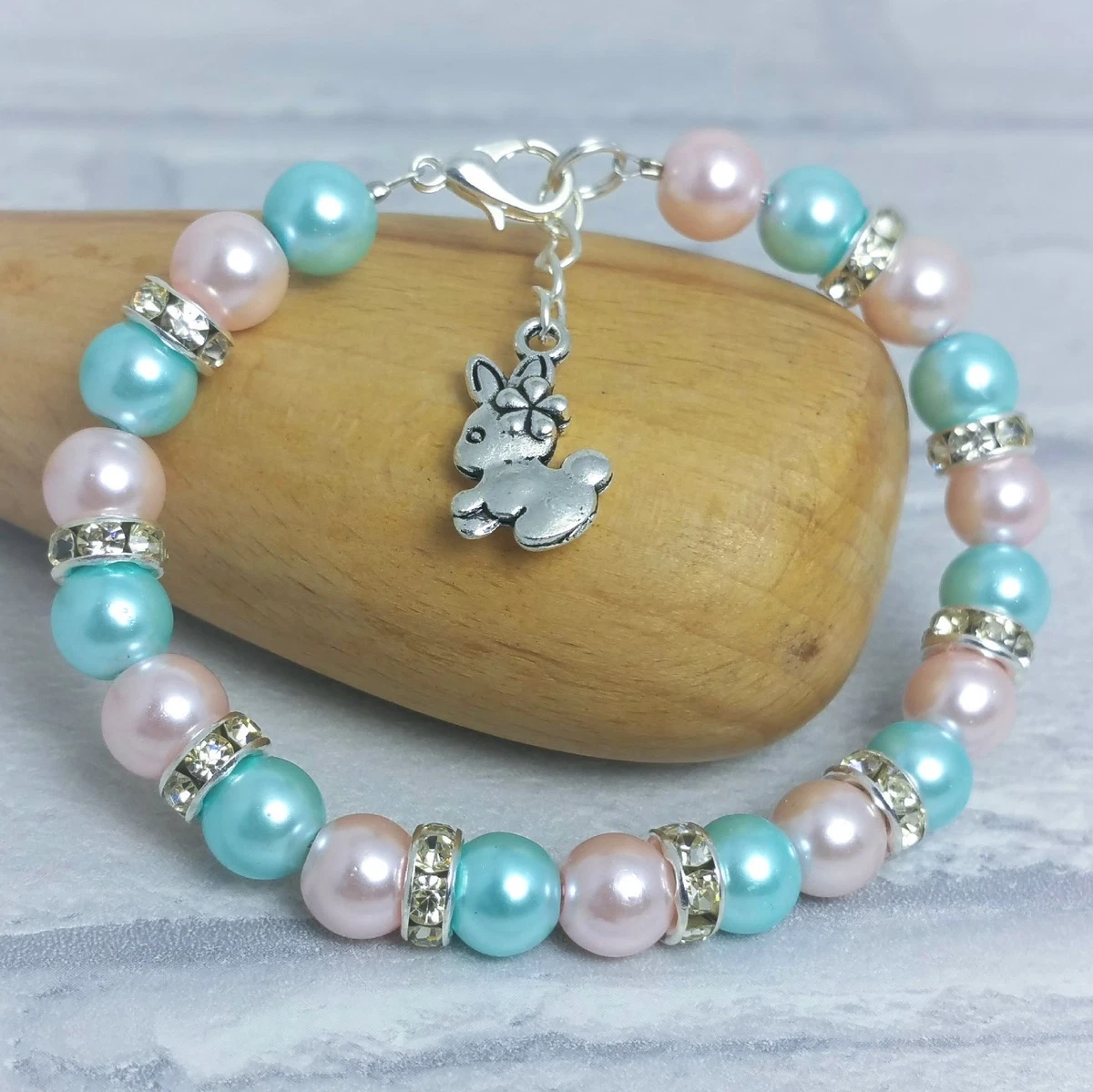 Bunny Rabbit Charm Bracelet Baby Pink Baby Blue Beads Birthday
