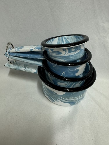 Blue & White Marbled Splatter Enamelware Nesting Measuring Cups ~ New ~ T-81