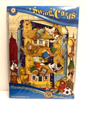 Vintage Santoro Grafik Katzen auf Bücherregal 3D Schaukelkarte Grußkarte SC05 1994