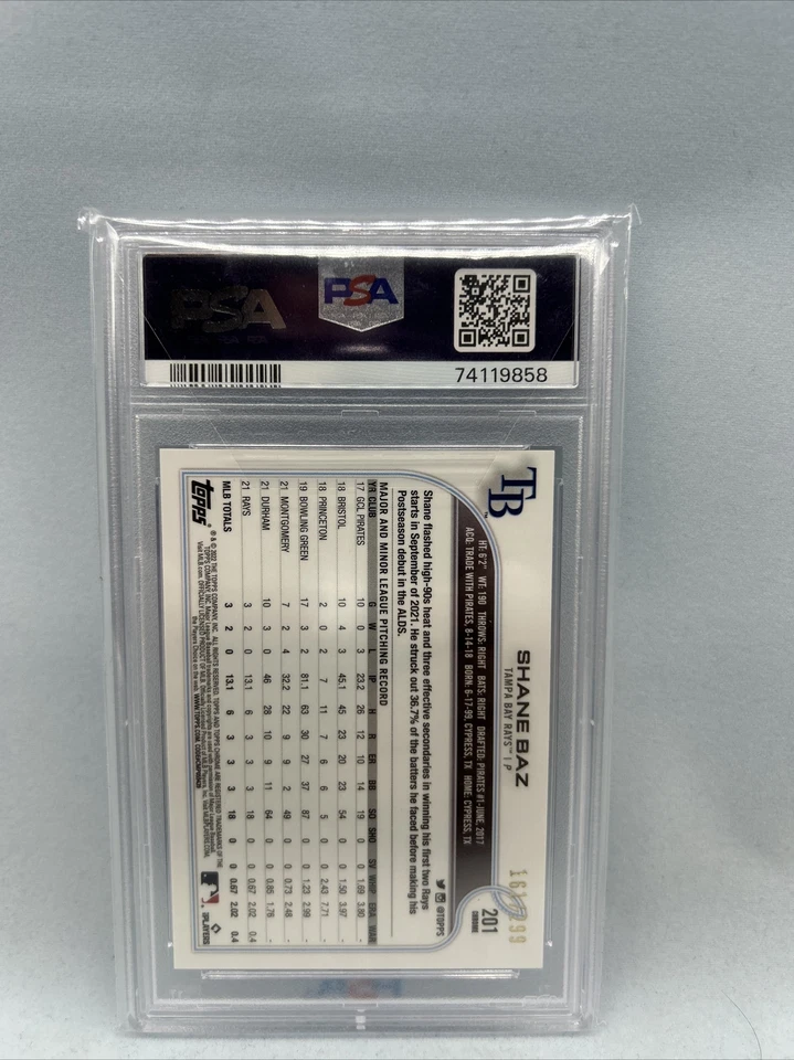 2022 Topps Chrome Sonic Lite Shane Baz #201 Sonic Purple Yellow Pulse /299 PSA 9 - Image 4 of 4