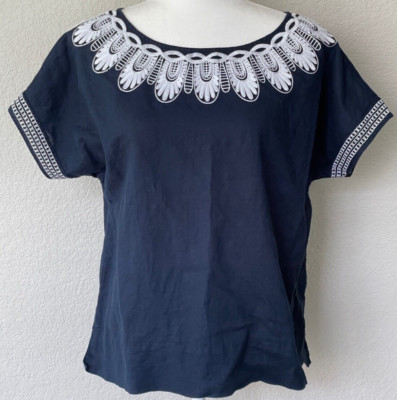 VINEYARD VINES Wms M Short Sleeve Linen Cotton Blend Embroidered Shirt Blue