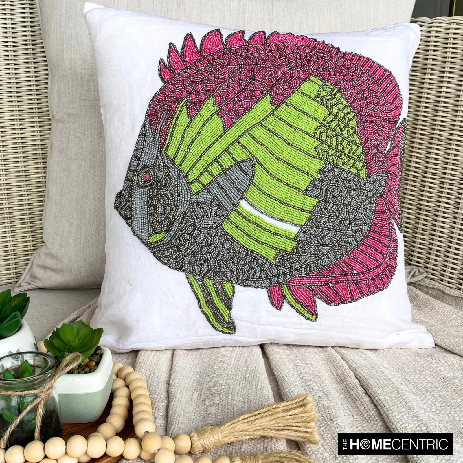 Sofa Pillow Cover White 16"x16", Bed Decor Cotton Fish Beaded - The Fishy Way
Opens in a new window