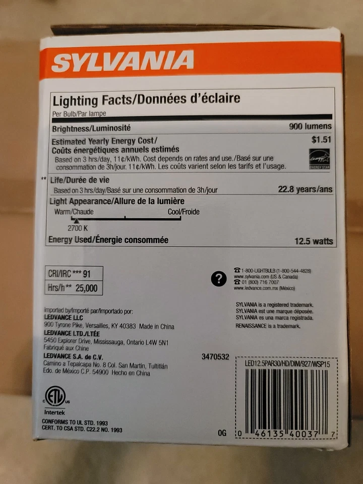 Pack Of 6 Bulbs SYLVANIA 40037 LED12.5 PAR30 HD/DIM/927/WSP15 - Image 2 of 4